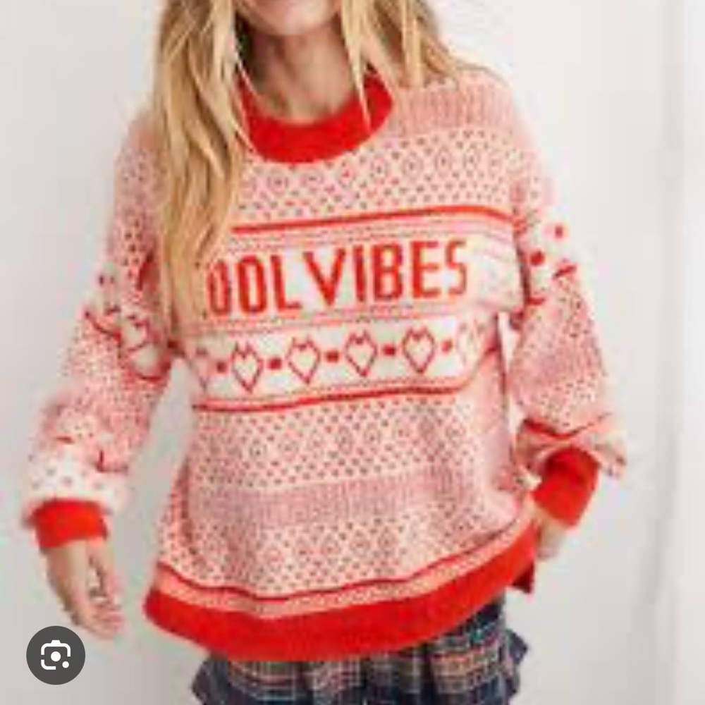 aerie Pink and Red 'Cool Vibes' Patterned Sweater